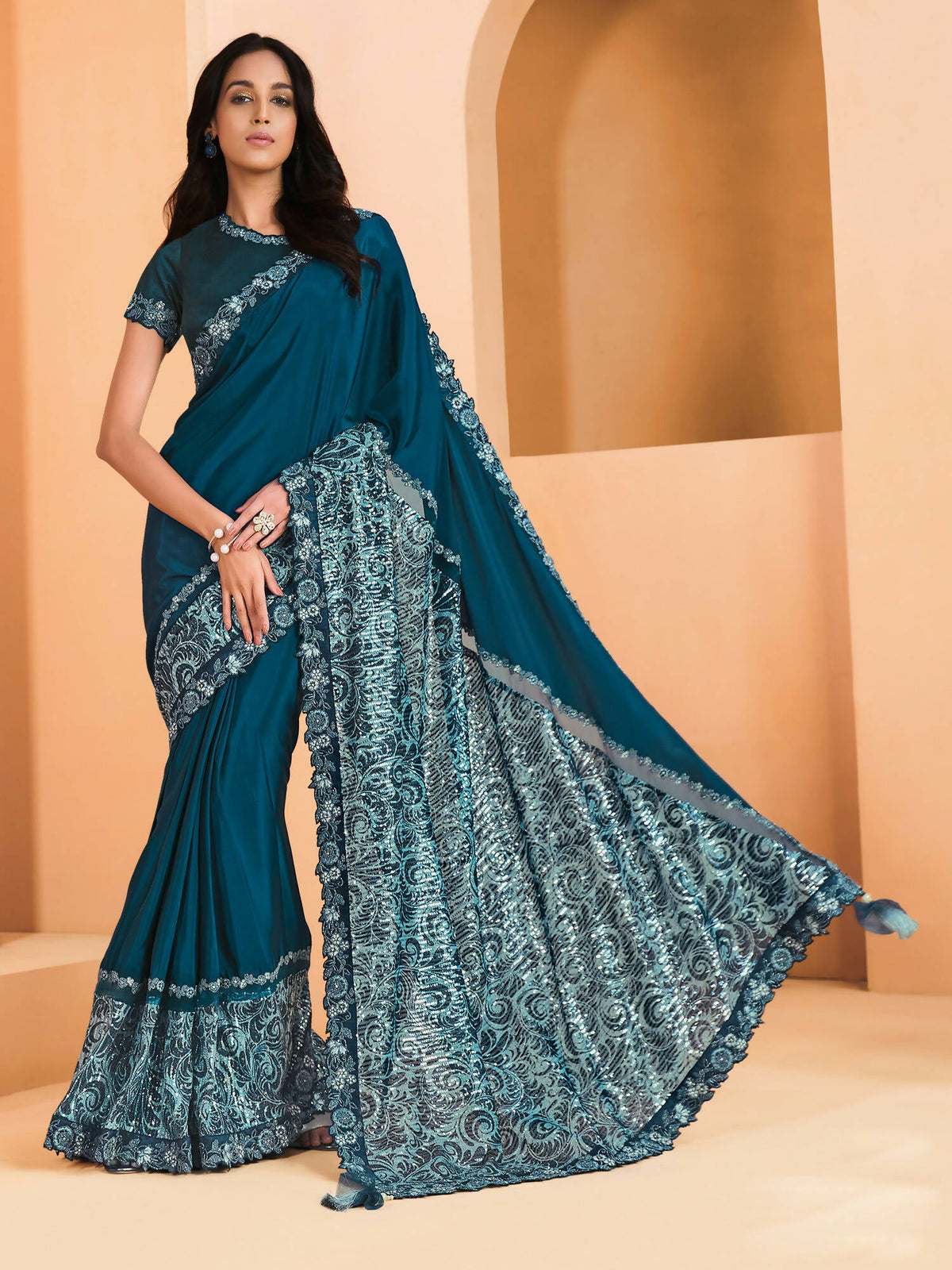 Teal Satin Crepe Silk Sequence Embroidered Saree With Unstitched Blouse - Mohmanthan Yavanika | Grocsy