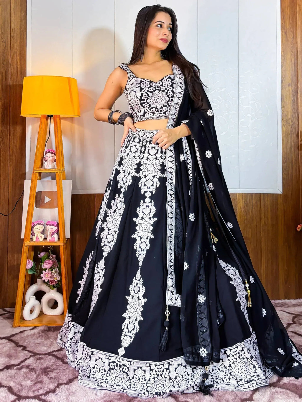 Tulsi Art Prodigious Black Thread Embroidery Georgette Wedding Wear Lehenga Choli | Grocsy