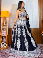 Tulsi Art Prodigious Black Thread Embroidery Georgette Wedding Wear Lehenga Choli | Grocsy