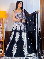 Tulsi Art Prodigious Black Thread Embroidery Georgette Wedding Wear Lehenga Choli | Grocsy