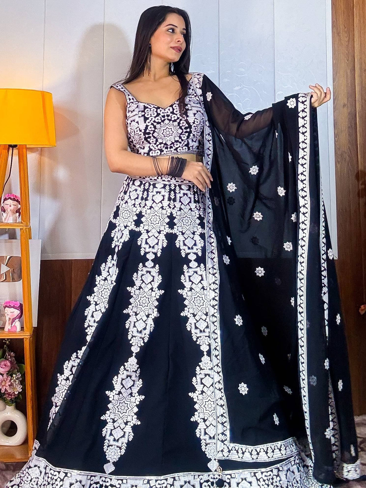 Tulsi Art Prodigious Black Thread Embroidery Georgette Wedding Wear Lehenga Choli | Grocsy
