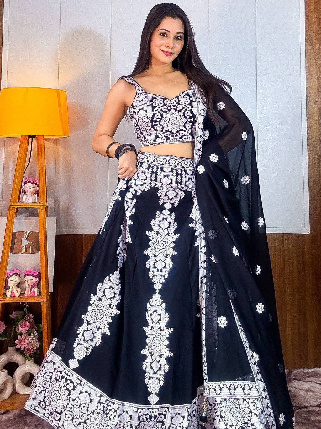 Tulsi Art Prodigious Black Thread Embroidery Georgette Wedding Wear Lehenga Choli | Grocsy