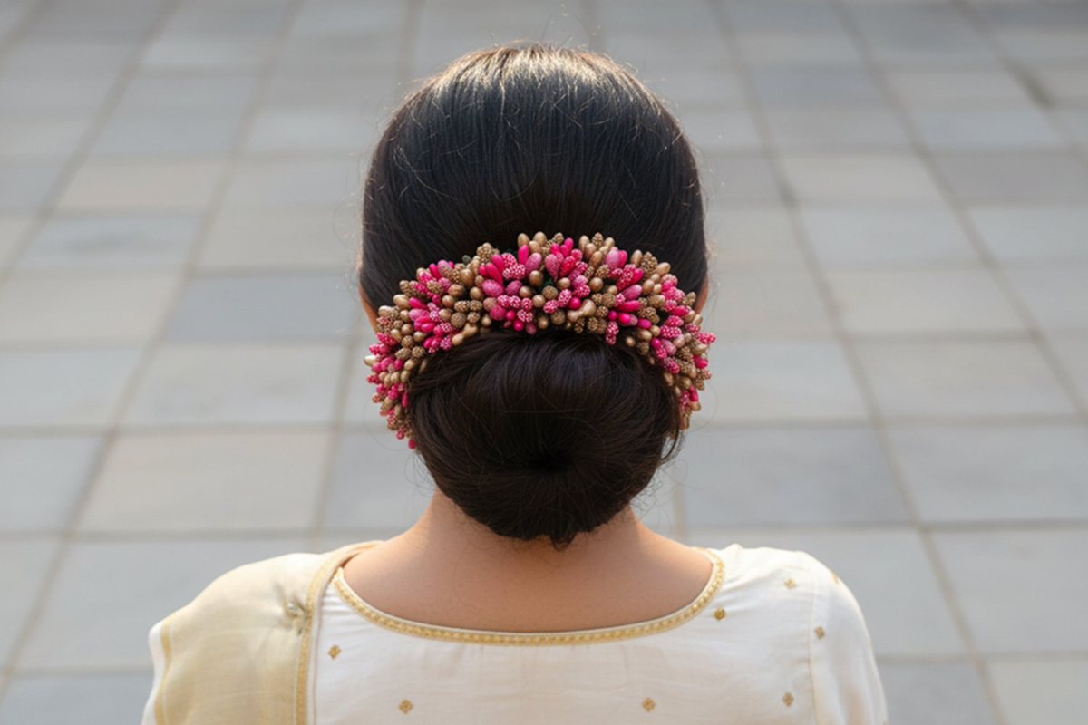 Pink & Gold Pollens Bridal Hair Gajra | Grocsy