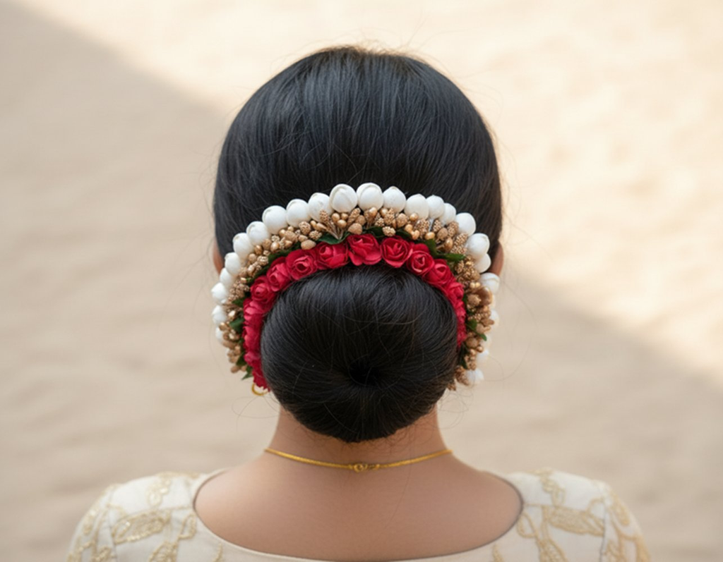 Red & Gold Flower Hair Gajra | Grocsy