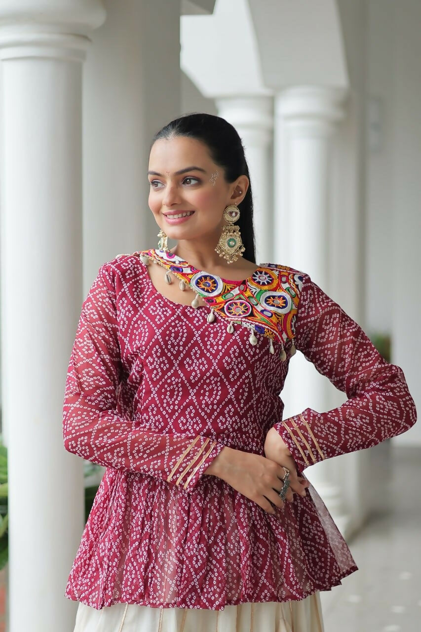 Teeya Creation Wine And White Colour Cotton Printed Navratri Lehenga Choli | Grocsy