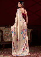 Vegaa Fashion Cream Japan Satin With Pearl Lace Printed Designer Saree | Grocsy