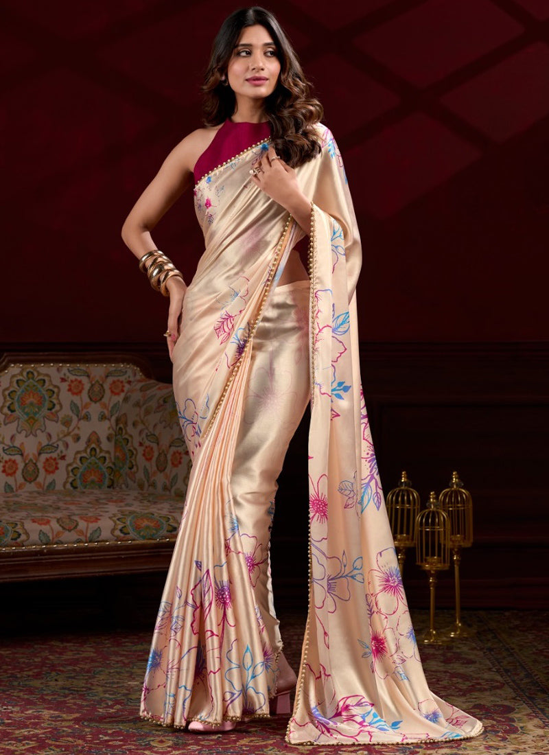 Vegaa Fashion Cream Japan Satin With Pearl Lace Printed Designer Saree | Grocsy