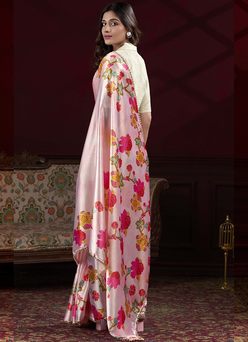 Vegaa Fashion Light Pink Japan Satin With Pearl Lace Printed Designer Saree | Grocsy