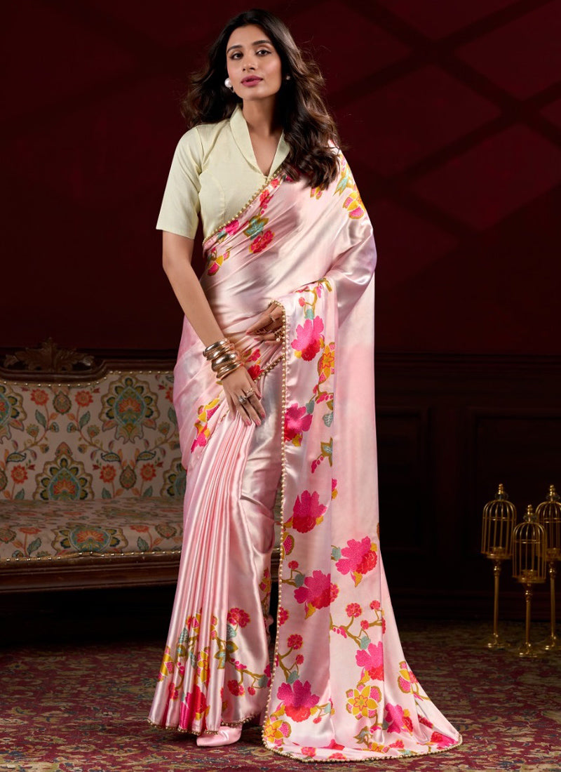 Vegaa Fashion Light Pink Japan Satin With Pearl Lace Printed Designer Saree | Grocsy