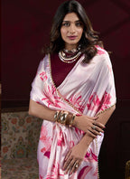 Vegaa Fashion Light Pink Japan Satin With Pearl Lace Printed Designer Saree | Grocsy