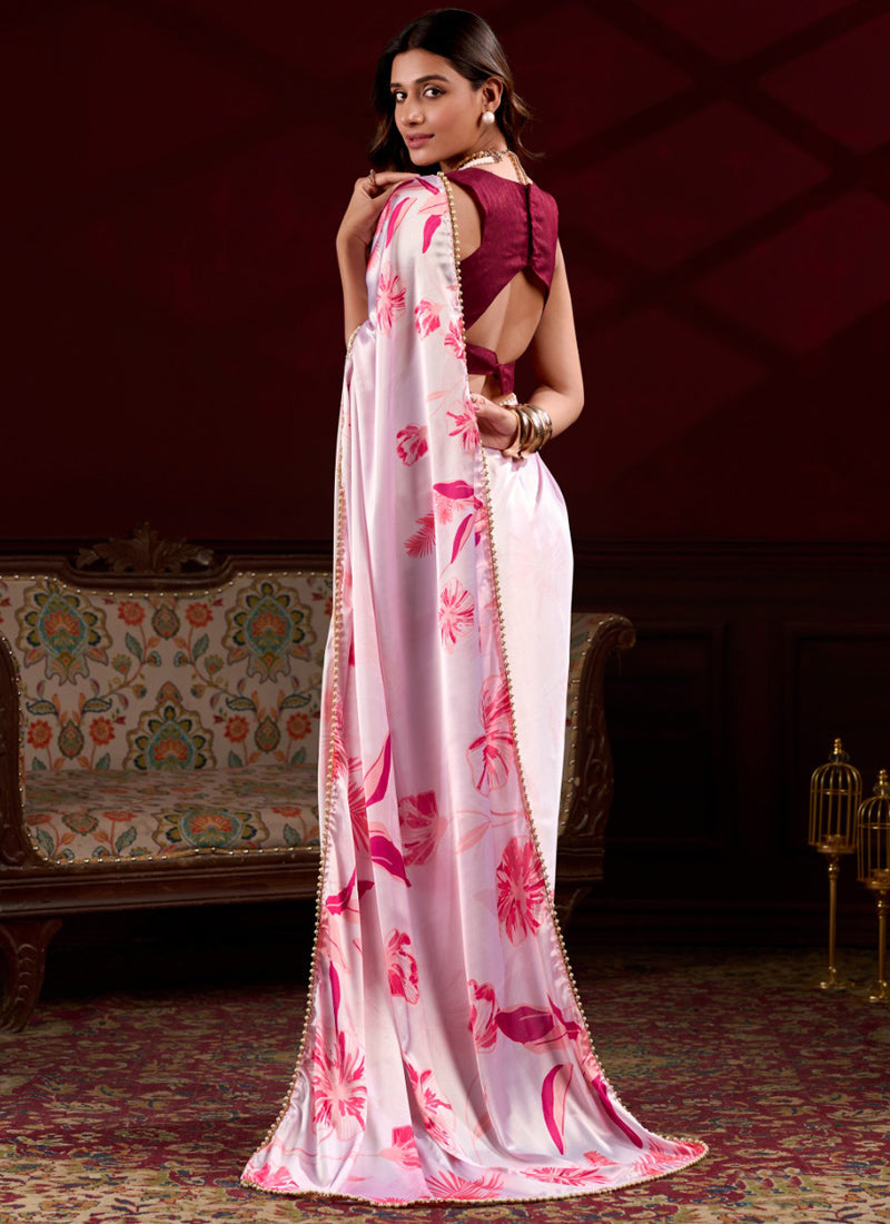 Vegaa Fashion Light Pink Japan Satin With Pearl Lace Printed Designer Saree | Grocsy