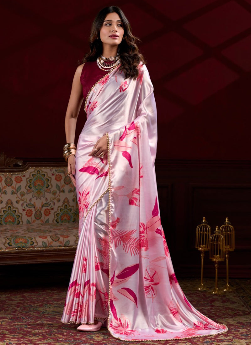 Vegaa Fashion Light Pink Japan Satin With Pearl Lace Printed Designer Saree | Grocsy