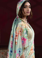 Vegaa Fashion Sea Green Japan Satin With Pearl Lace Printed Designer Saree | Grocsy