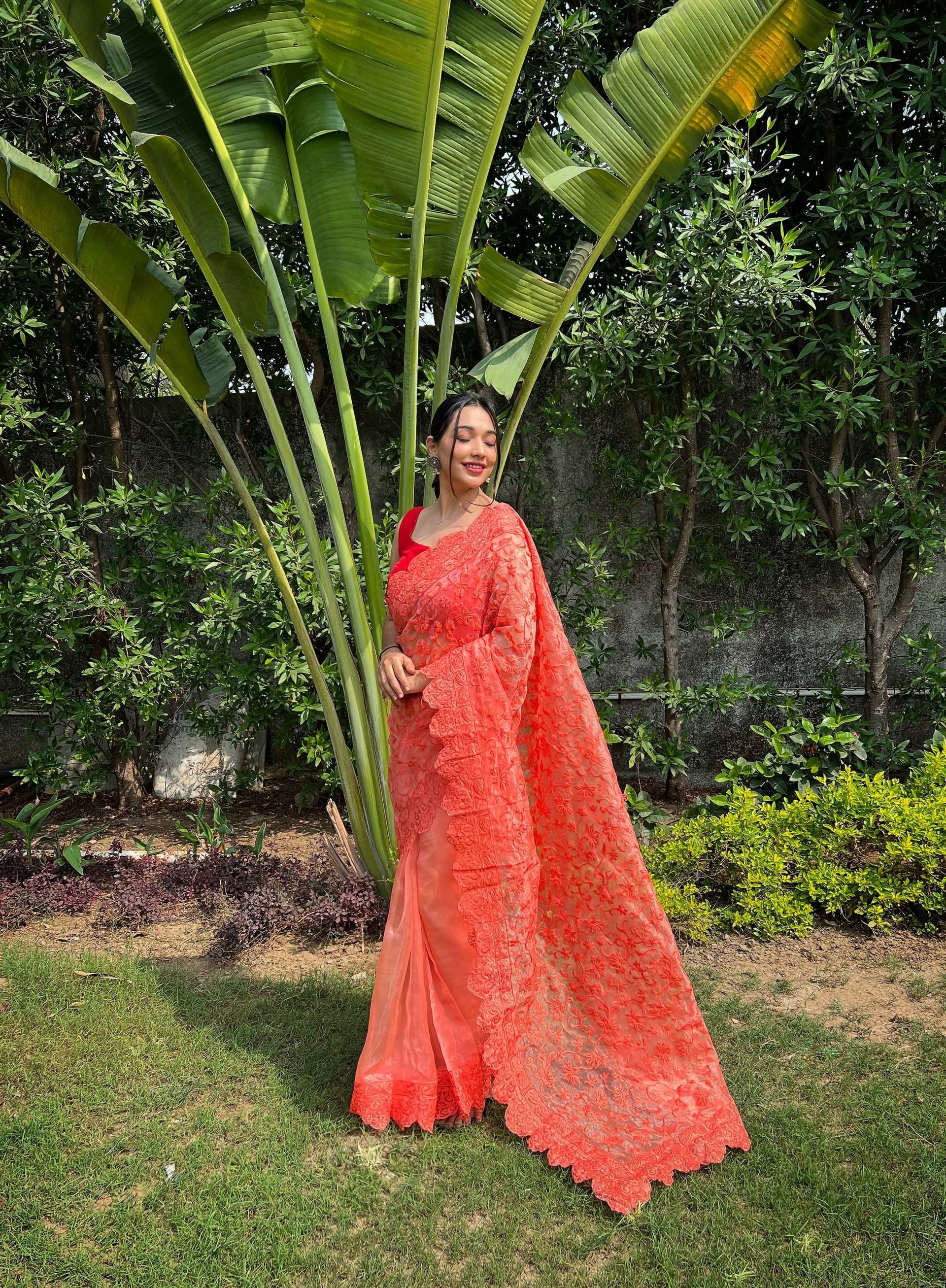 Vamsee Sujal Orange Organza Saree | Grocsy