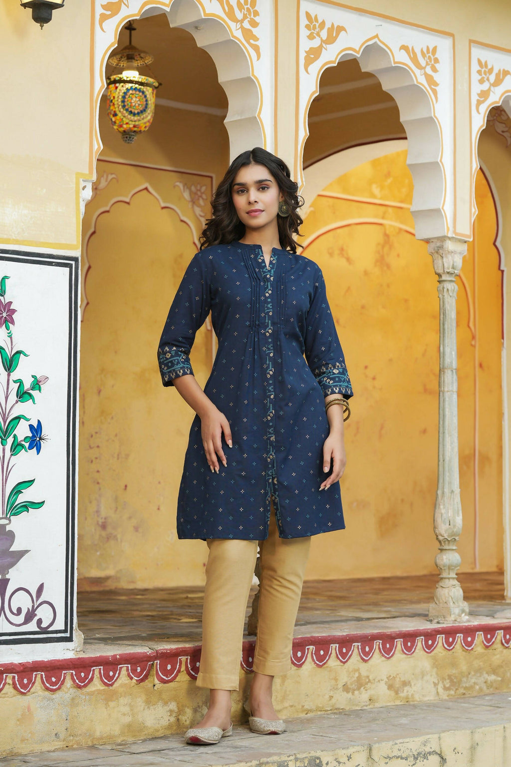 Juniper Women's Blue Cotton Flex Printed A-Line Kurta | Grocsy