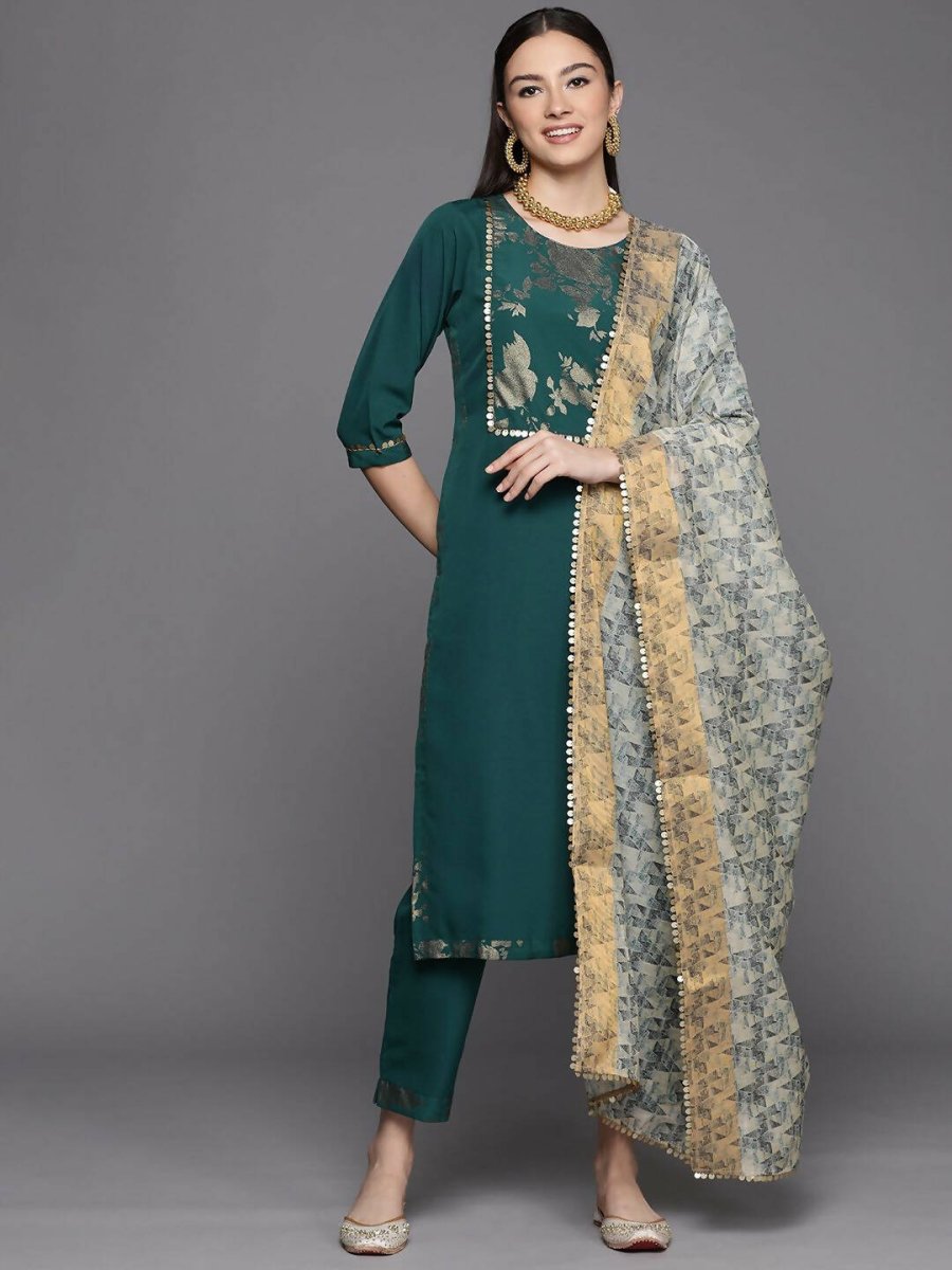 Ahalyaa Womens Dark Green Crepe Smoke Printed Kurta Pant Set With Dupatta | Grocsy