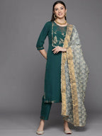 Ahalyaa Womens Dark Green Crepe Smoke Printed Kurta Pant Set With Dupatta | Grocsy