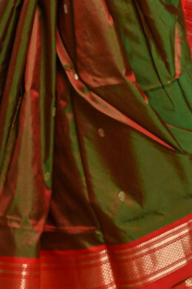Very Much Indian Pure Silk Yeola Handloom Green Red Dual Tone - Paithani Saree With Traditional Double Pallu | Grocsy