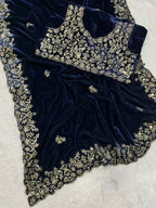 Vastranavya Designer Velvet Sequence & Zari Thread Embroidery work with border and Cutwork Saree - Navy Blue | Grocsy