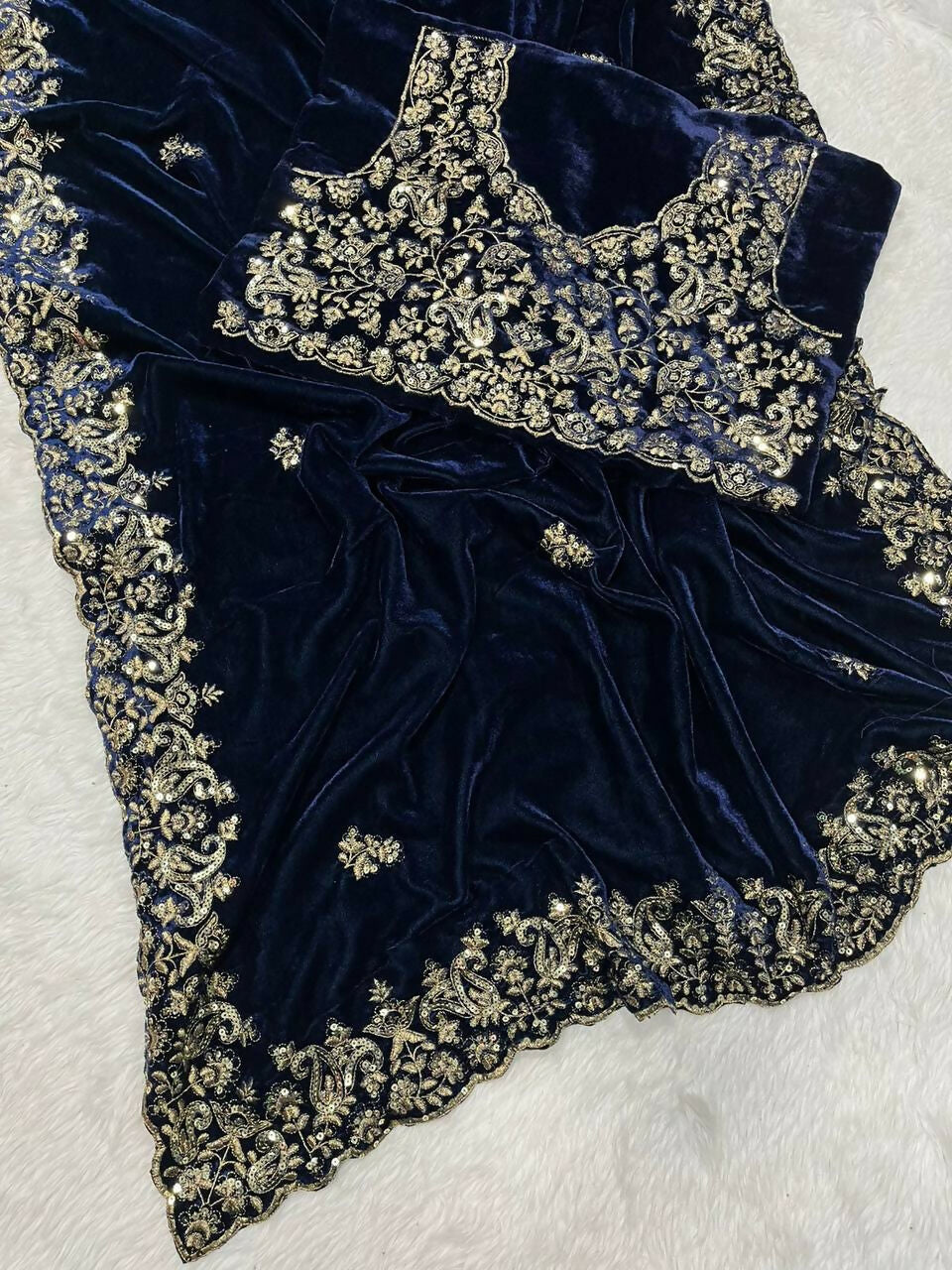 Vastranavya Designer Velvet Sequence & Zari Thread Embroidery work with border and Cutwork Saree - Navy Blue | Grocsy
