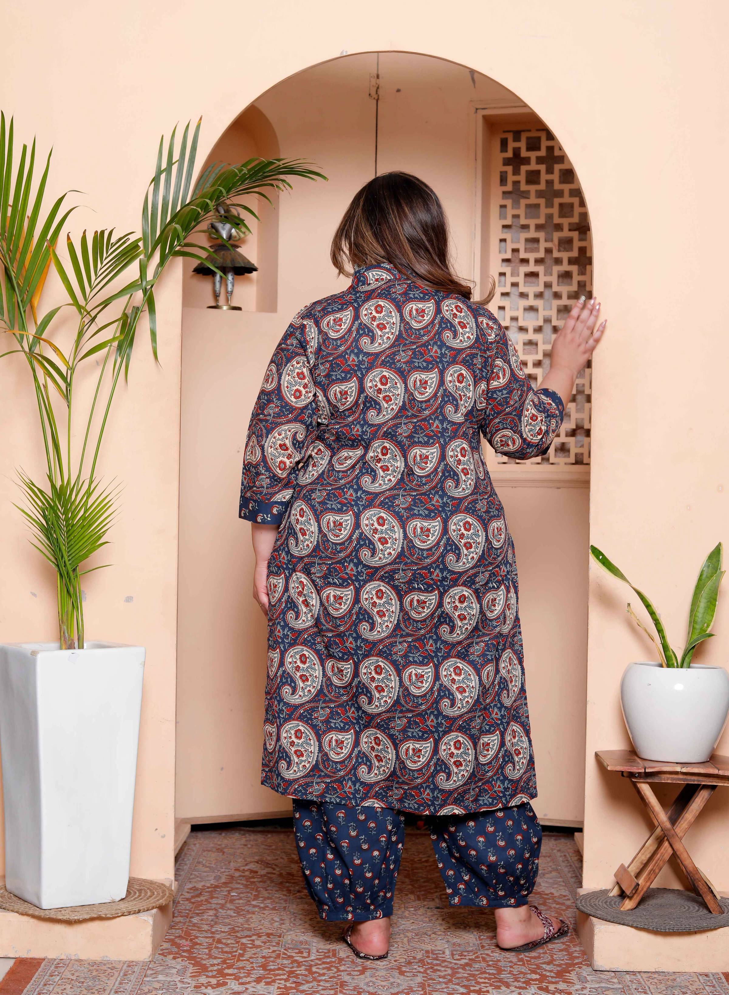 Miravan Womens Plus Size Cotton Floral Printed Shirt-Collar Straight Kurta and Palazzo set | Grocsy
