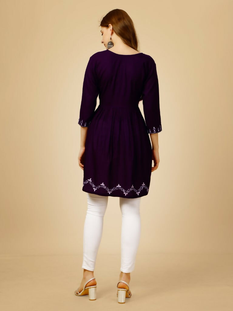 Jyoti Fashion Women's Purple Viscose Rayon Embroidered Casual Top | Grocsy