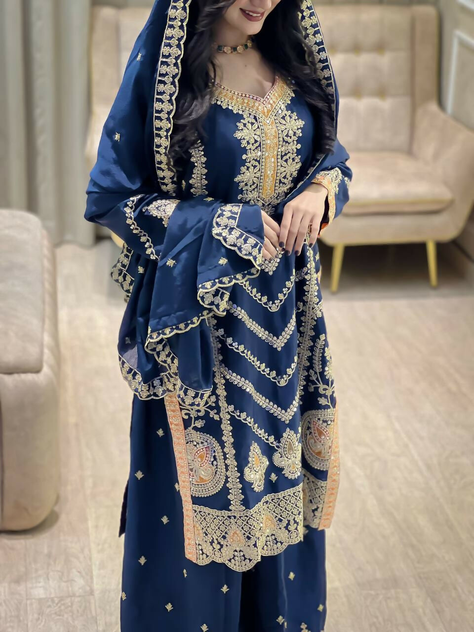 Teeya Creation Blue Color Chinon Silk Party Wear Trending Palazzo Set | Grocsy