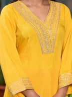 Juniper Women's Yellow Solid Viscose Kurta & Pant Set With Zari Work & Sequins | Grocsy