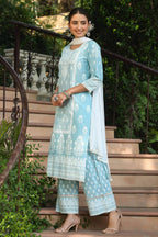 Juniper Women's Skyblue Printed Straight Kurta Sets | Grocsy