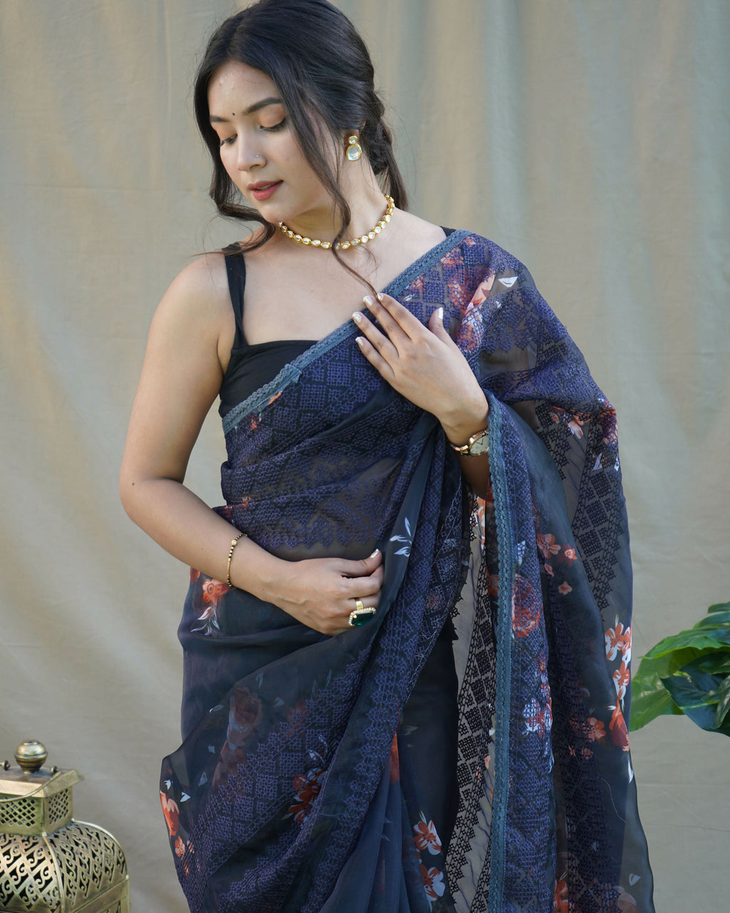 Vamsee Nitya Navy Blue Organza Saree | Grocsy
