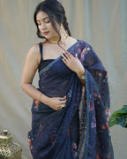 Vamsee Nitya Navy Blue Organza Saree | Grocsy