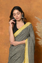 Very Much Indian Handblock Printed Cotton Saree With Natural Dyes - Black & White | Grocsy