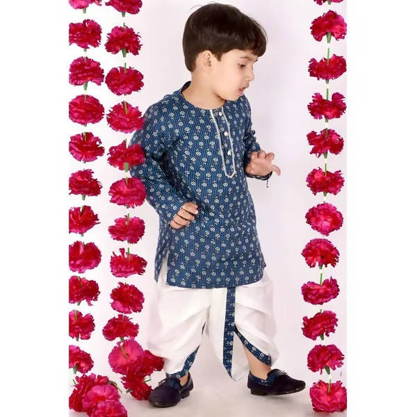 Little Bansi Girls Indigo and White Cplor Bengali Kantha work floral kurta with Dhoti | Grocsy