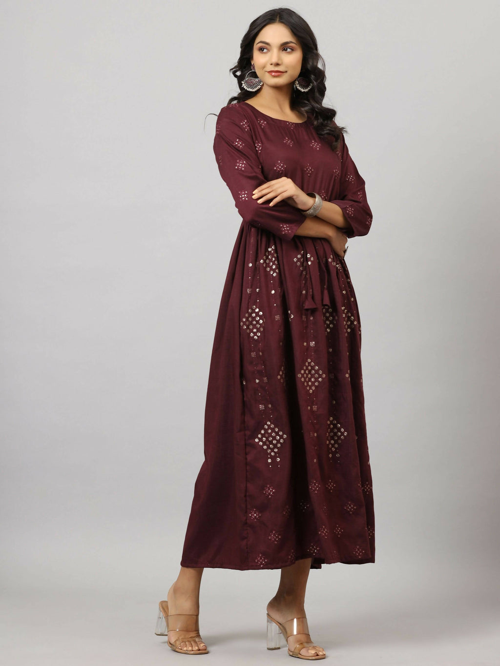Juniper Women's Mauve Festive Printed Flared Dress | Grocsy