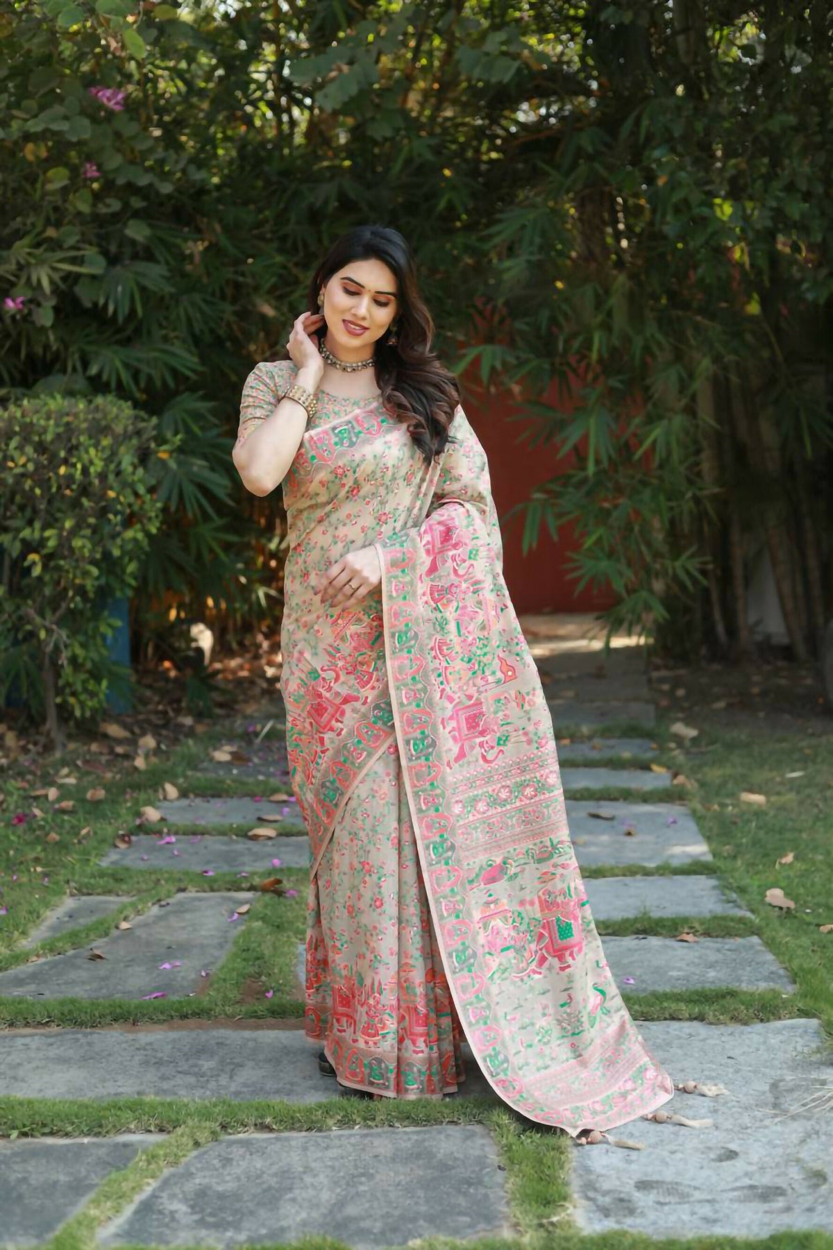 Vastranavya Luxury and Beautiful Soft, Smooth, Flowing Original Pashmina Soft Cotton Saree with Matching Blouse Fabric - Cream | Grocsy