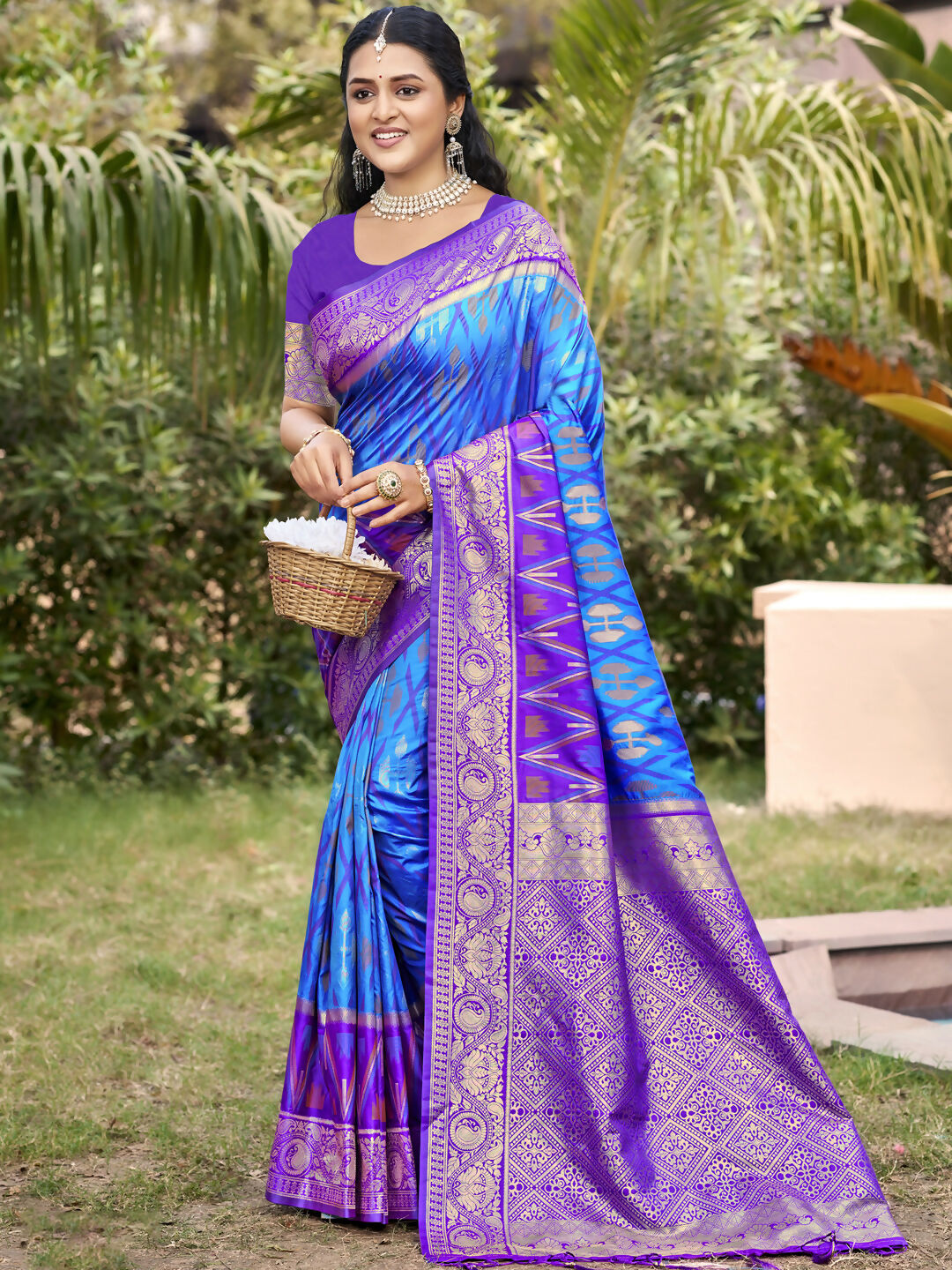 Shree Shyam Fashion Sky Blue Pochampally Silk Saree | Grocsy