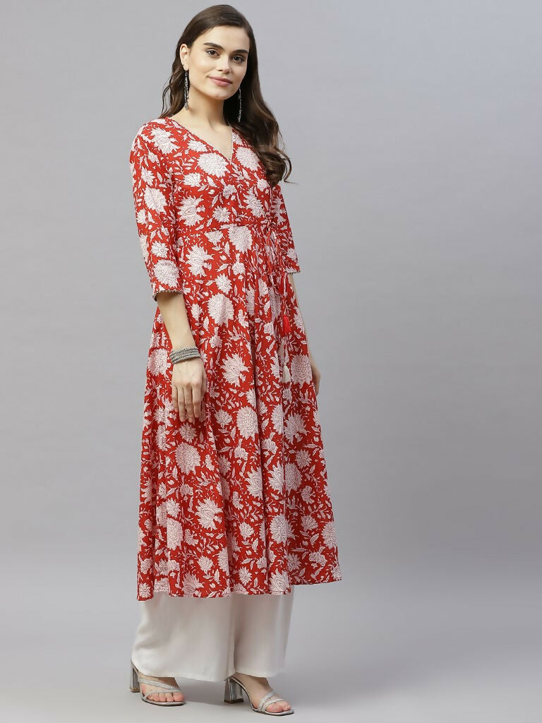 Miravan Women's Cotton Floral Printed Anarkali Kurta With Dupatta | Grocsy