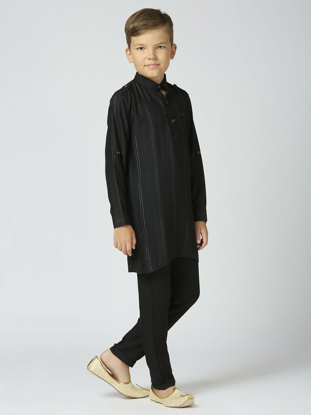 Joban Fashion Kids Island Full Sleeves Cotton Kurta and Pyjama Set with Strip - Black | Grocsy