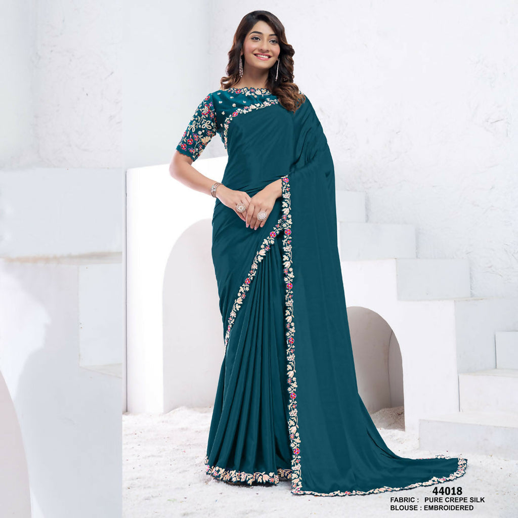 Teal Pure Crepe Silk Dual Sequence With Hand Work Saree With Unstitched Blouse - Norita Swaraa | Grocsy