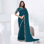 Teal Pure Crepe Silk Dual Sequence With Hand Work Saree With Unstitched Blouse - Norita Swaraa | Grocsy