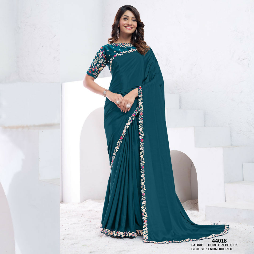 Teal Pure Crepe Silk Dual Sequence With Hand Work Saree With Unstitched Blouse - Norita Swaraa | Grocsy