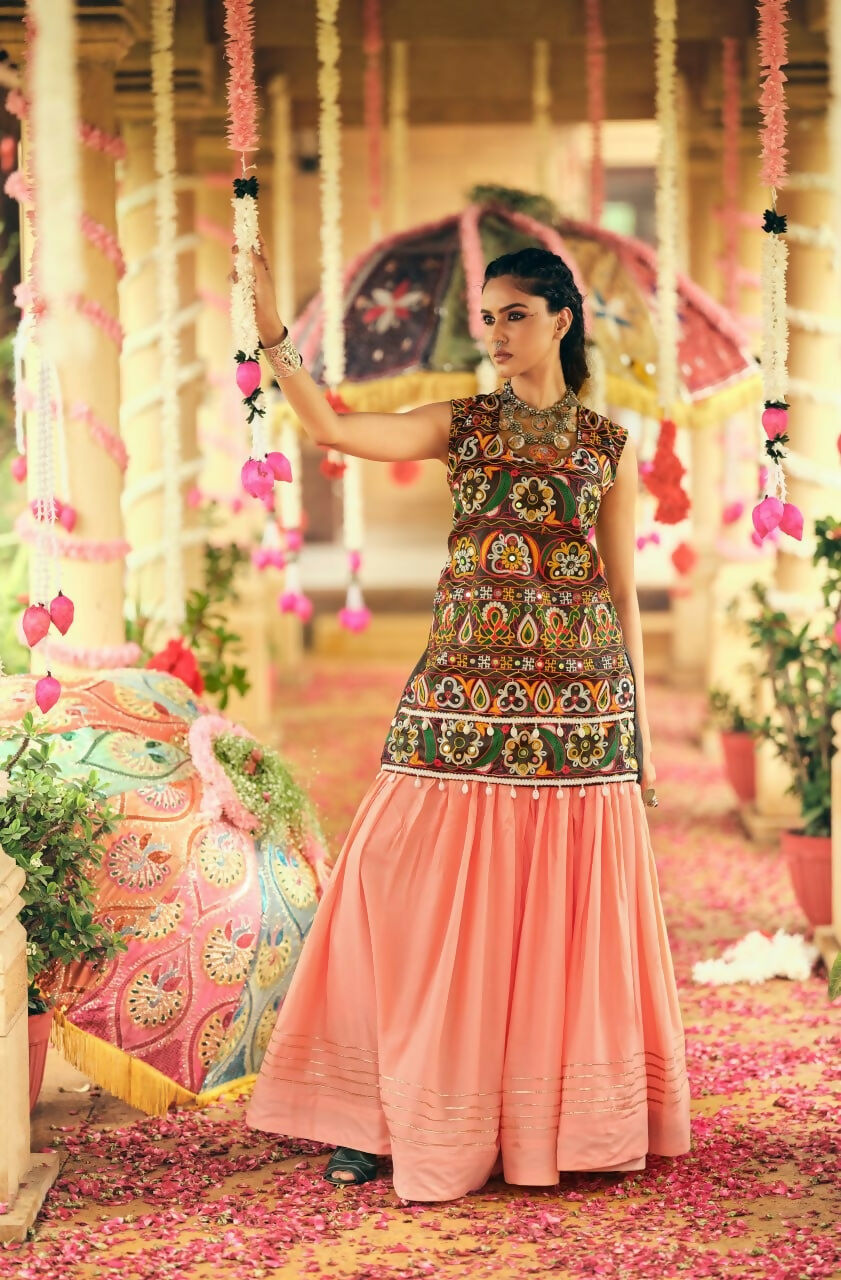 Teeya Creation Peach Colour Rayon Silk Embroidery Work Fully Stitched Navratri Lehenga | Grocsy