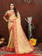 Lorenvalley Fashion Cream Cotton Woven Design with Zari Weaving Design Saree | Grocsy