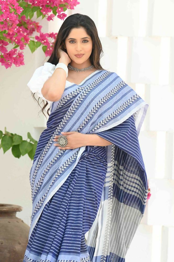 Beatitude Blue Cotton Tanchori Handloom Saree | Grocsy