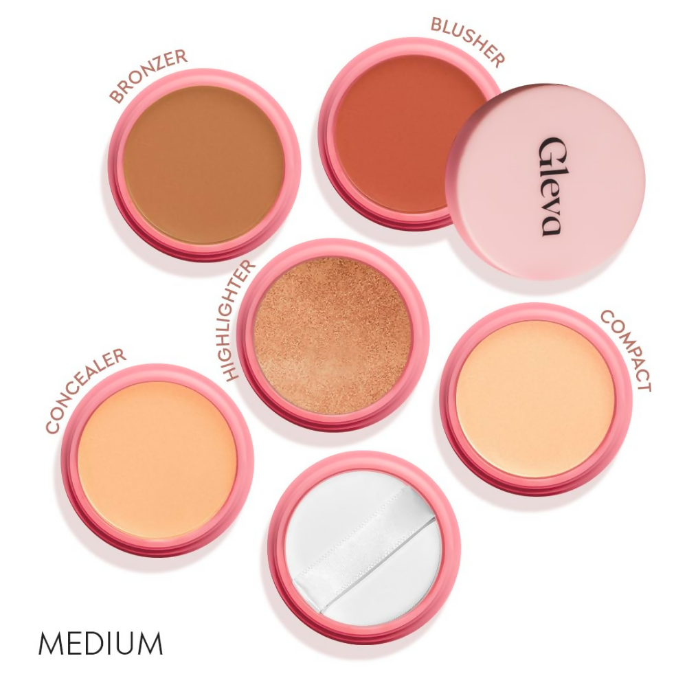Gleva 5 In 1 Makeup stack Gleva 5 In 1 Makeup stack WIth Concealer, Bronzer, Blusher, Compact & Highlighter Smooth & Blendable Formula - Medium | Grocsy