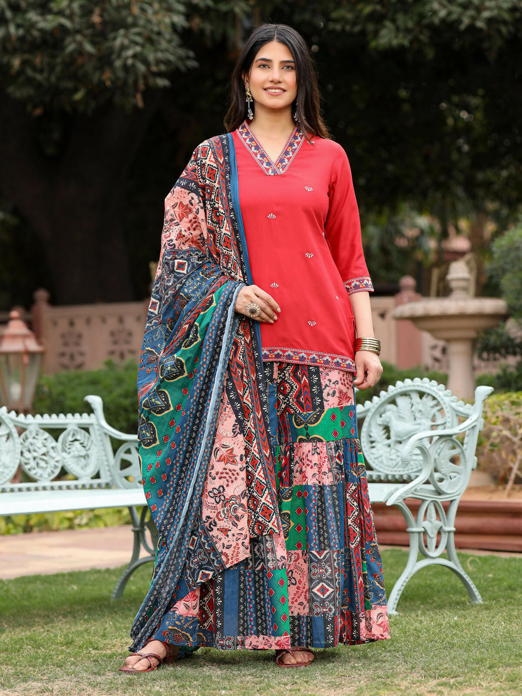 Juniper Women's Rust Thered Embroidered Rayon Kurta Sharara & Voile Dupatta Set | Grocsy