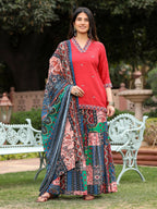 Juniper Women's Rust Thered Embroidered Rayon Kurta Sharara & Voile Dupatta Set | Grocsy