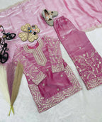 Teeya Creation New Kids Wedding Wear Heavy Embroidery Sequence Work Kurta Sharara Set-Pink | Grocsy