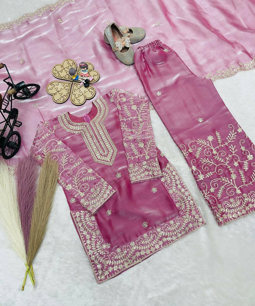 Teeya Creation New Kids Wedding Wear Heavy Embroidery Sequence Work Kurta Sharara Set-Pink | Grocsy