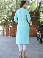 Juniper Women's Seagreen Cotton Slub Embroidered Straight Kurta | Grocsy